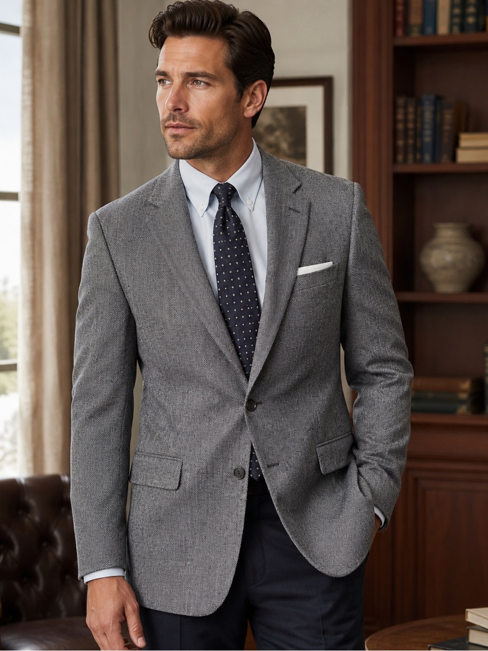Joseph & Feiss Gold Blazer 46L Gray Herringbone Sport Coat 100% Lambswool